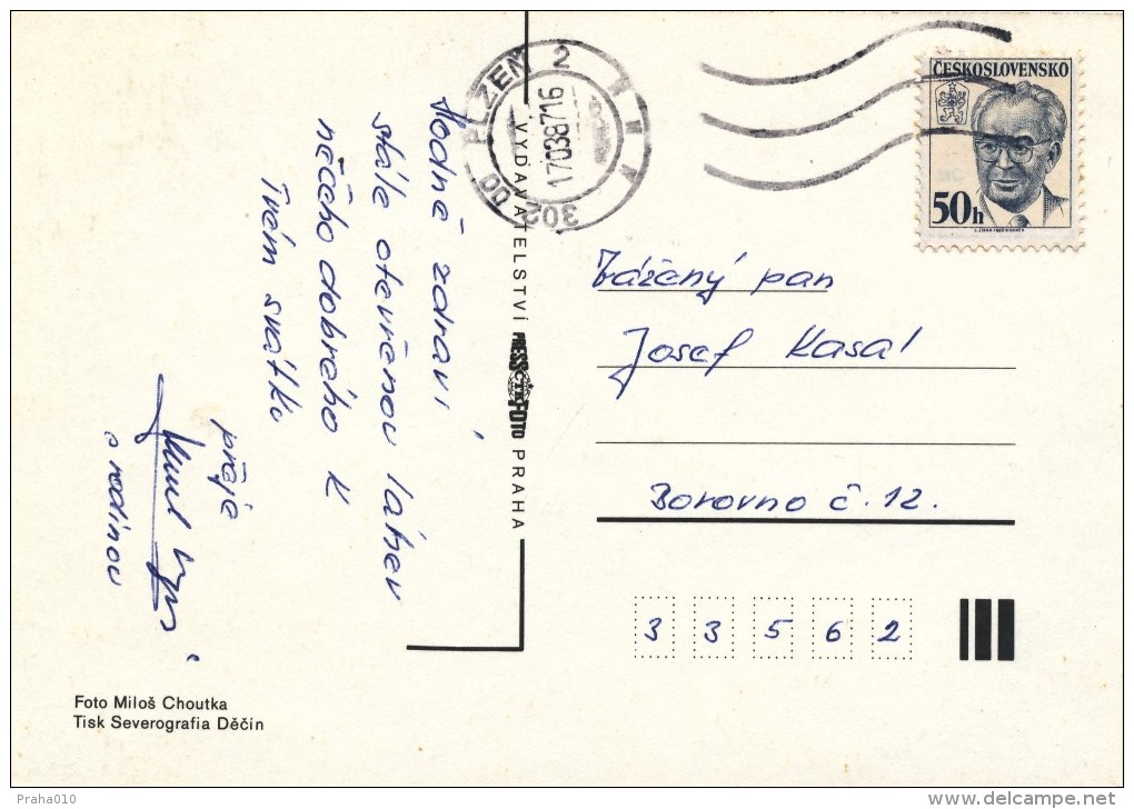 L0565 - Czechoslovakia (1987) 302 00 Plzen 2 (postcard); Tariff: 50 H (stamp: Gustav Husak - Shift Perforation) - Errors, Freaks & Oddities (EFO)