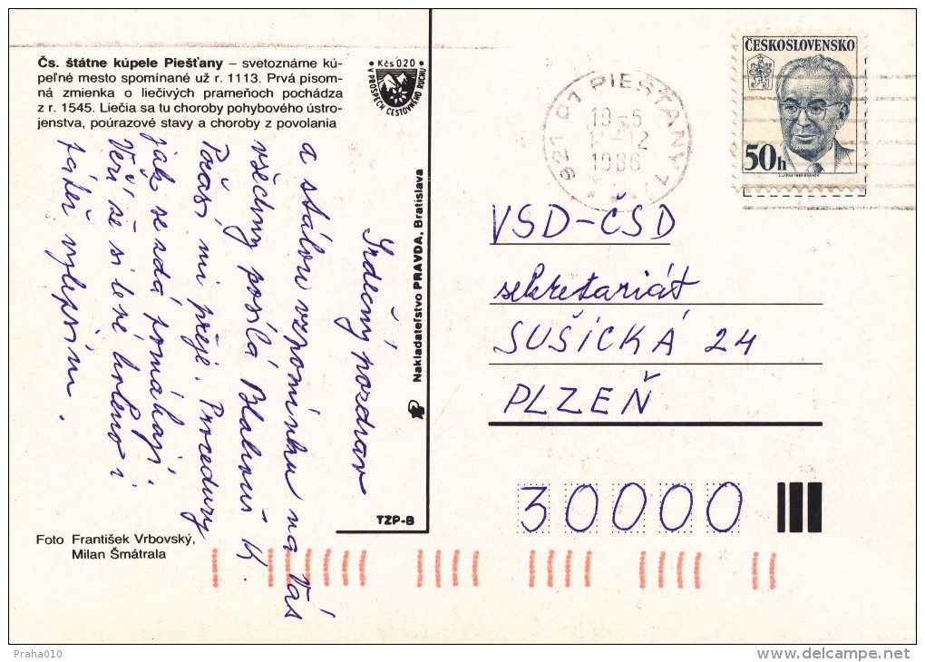 L0577 - Czechoslovakia (1986) 921 01 Piestany 1 (postcard: Spa) Tariff: 50 H (stamp: Gustav Husak - Shift Bright Colors) - Errors, Freaks & Oddities (EFO)