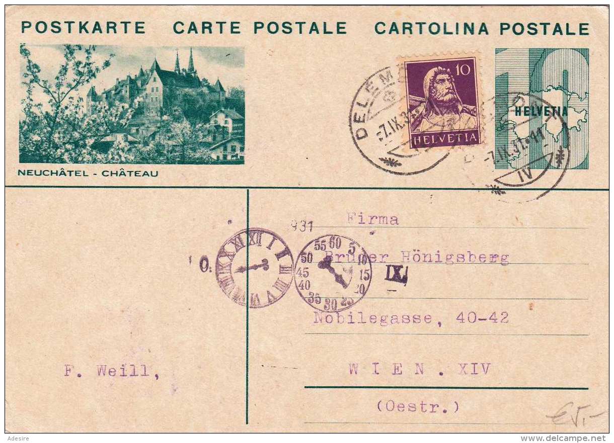 SCHWEIZ 1931 - 10 C Ganzsache + 10 C Zusatz Auf Bildpostkarte NEUCHATEL - CHATEAU Gel.nach Wien - Briefe U. Dokumente