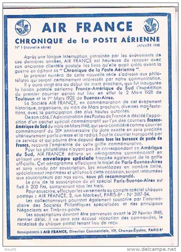 AIR FRANCE  CHRONIQUE  DE LA POSTE  AERIENNE 1948      N°1   TBE - Aerodromes