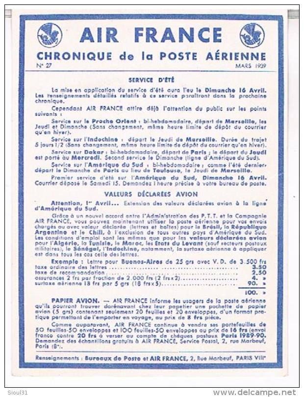 AIR FRANCE  CHRONIQUE  DE LA POSTE  AERIENNE 1939      N°27   TBE - Aerodromes