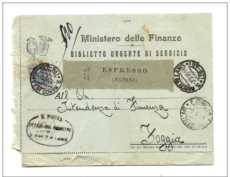 S.P.9,STORIA POSTALE,REGNO,BIGLIETTO DI SERVIZIO, SAN MARCO IN LAVIS NUMERALE L. 1.25 X Foggia - Storia Postale