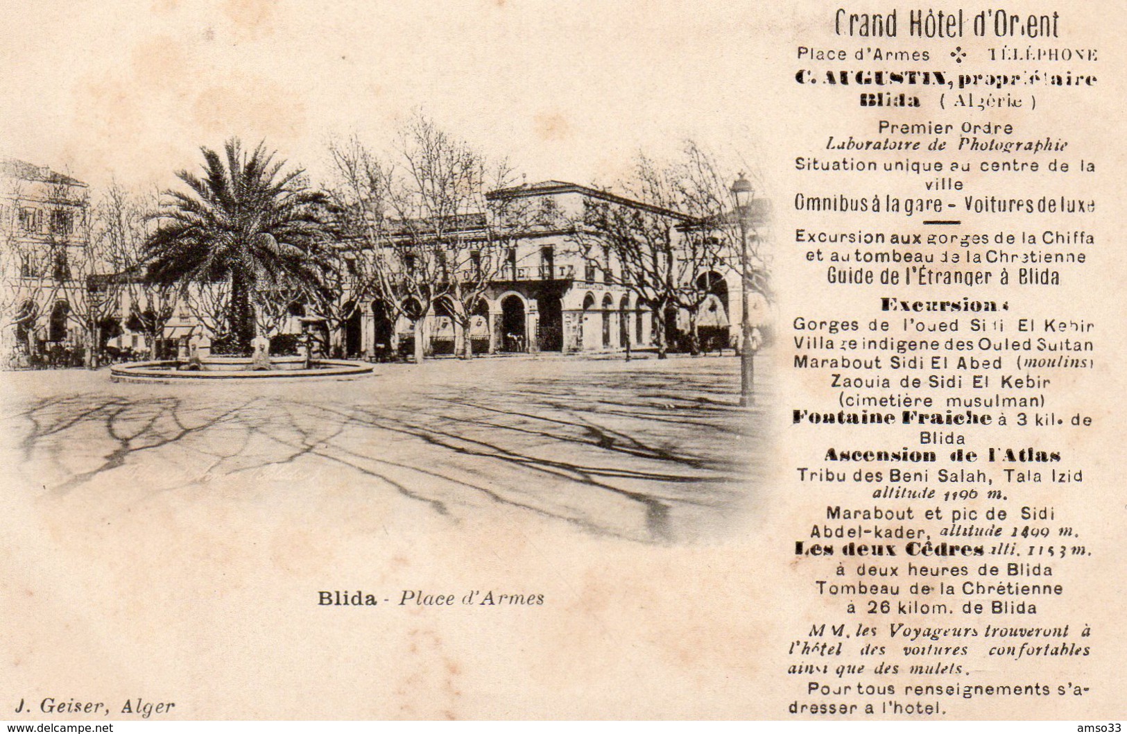 8731. ALGERIE. BLIDA. PLACE D'ARMES. PUBLICITE GRAND HOTEL D'ORIENT. - Blida