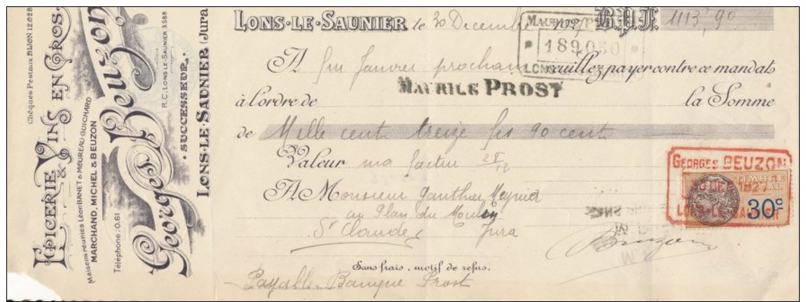 39 Traite De L´épicerie & Vins En Gros " Georges Beuzon " à  Lons- Le- Saunier En 1927, Avec Timbre Fiscal - 1900 – 1949