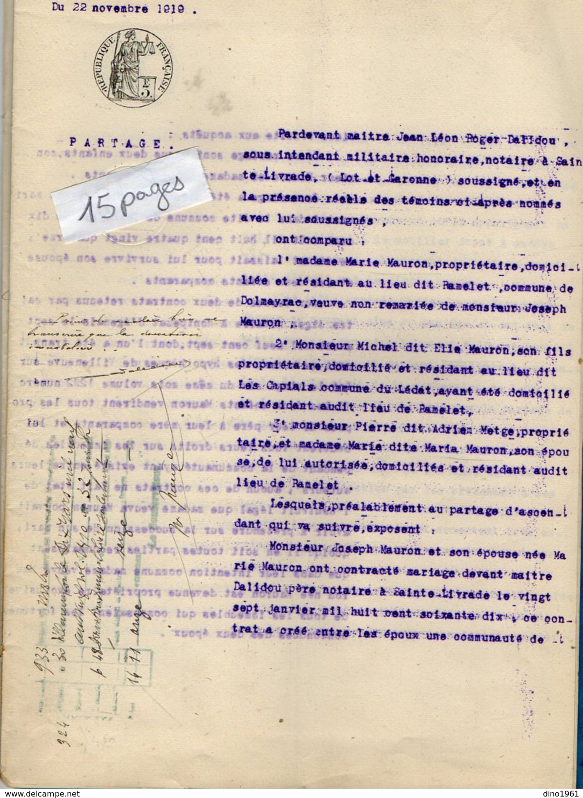 VP6252 - SAINTE LIVRADE - Acte De 1919 - Partage Entre P.MERGE & M.MAURON à DOLMAYRAC & LEDAT - Collections