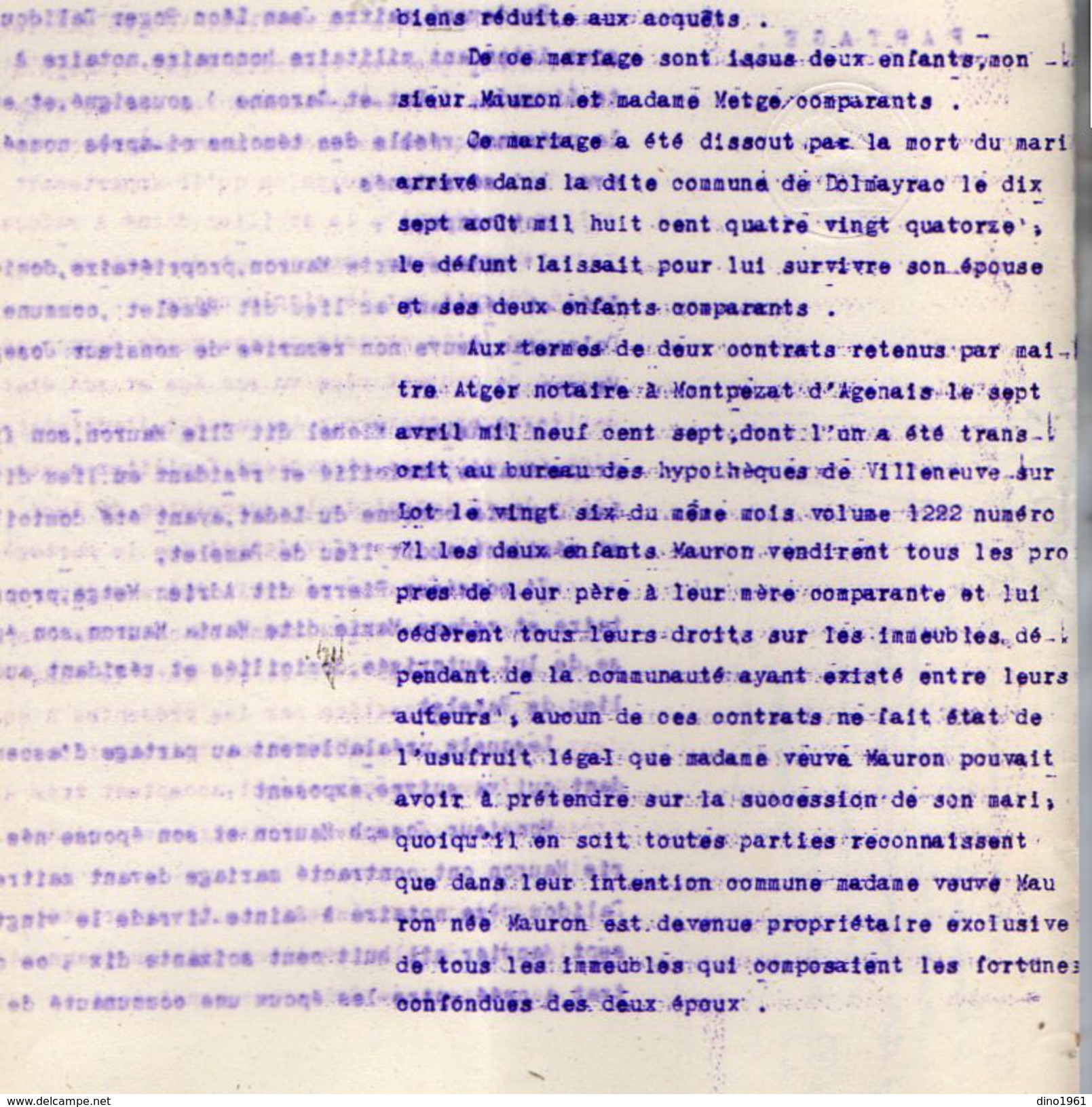 VP6252 - SAINTE LIVRADE - Acte De 1919 - Partage Entre P.MERGE & M.MAURON à DOLMAYRAC & LEDAT - Collections