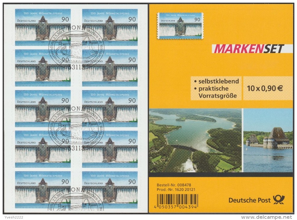 Allemagne 2013 Y&T C2821A Michel Folienblatt 30. Carnet, Réservoir D'eau Möhne. Oblitération Illustrée 1er Jour - Water