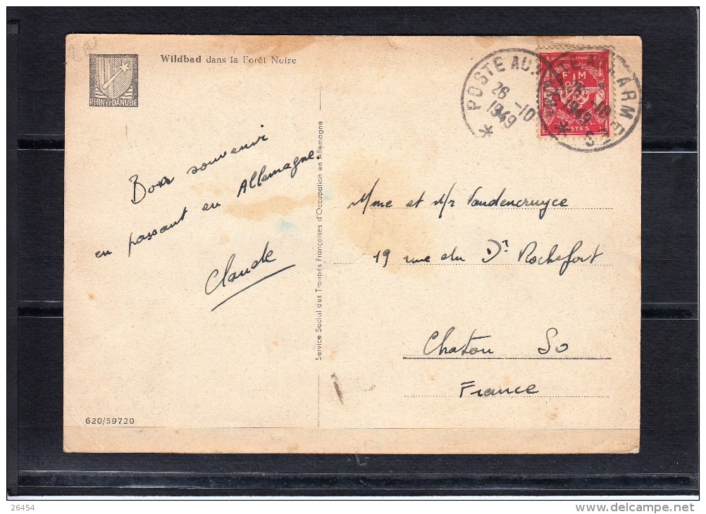 Cachet POSTE AUX ARMEES +timbre F.M. Le 26 10 1949  Sur CPSM De WILDBAD Dans La Foret Noire - Army Postmarks (before 1900)