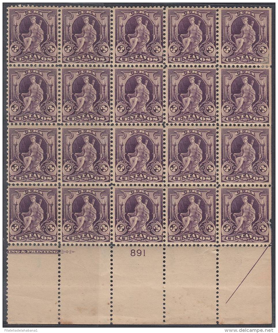 1899-285 CUBA US OCCUPATION. 1899. Ed.32. 3c FUENTE DE LA INDIA. BLOCK 20 PLATE NUMBER ORIGINAL GUM.  1 SELLO DEFECTOS. - Unused Stamps