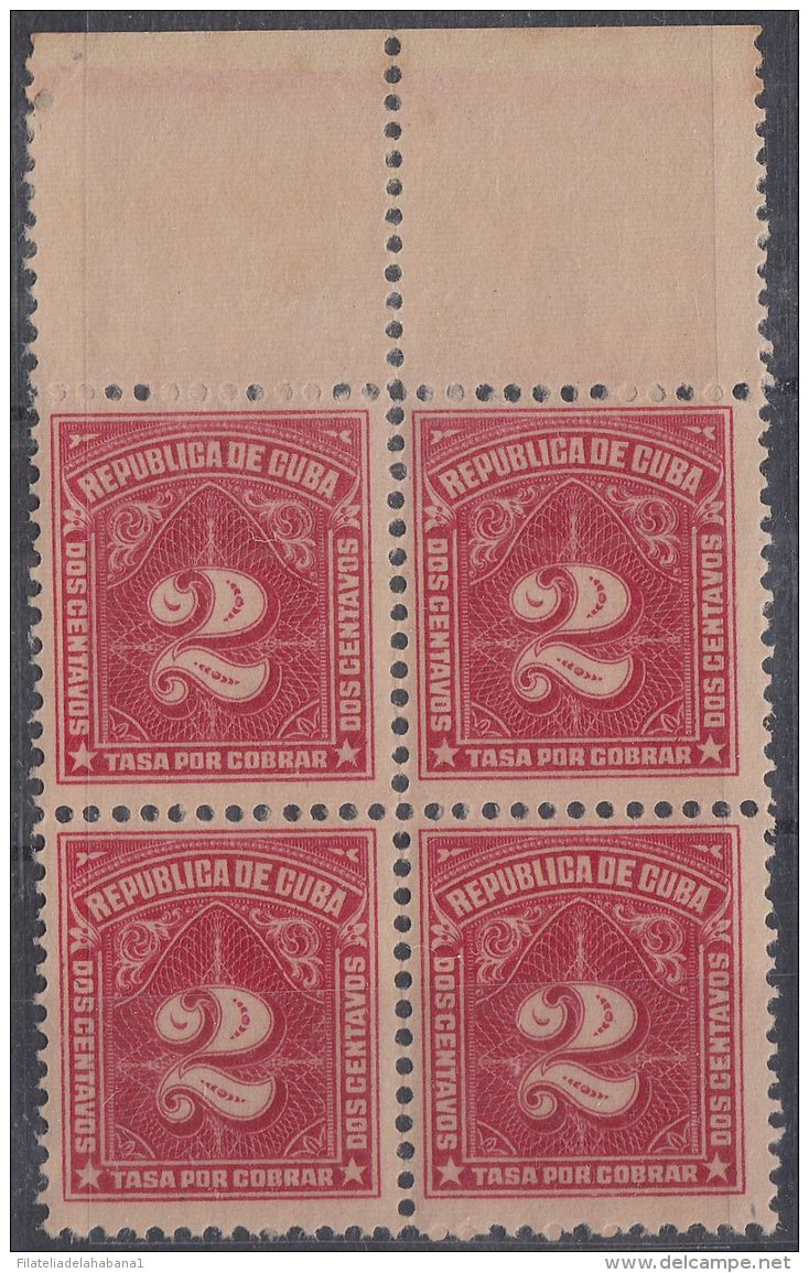 1914-117 CUBA REPUBLICA. 1914. Ed.6. 2c TASA POR COBRAR. POSTAGE DUE. BLOCK 4. GOMA ORIGINAL - Neufs