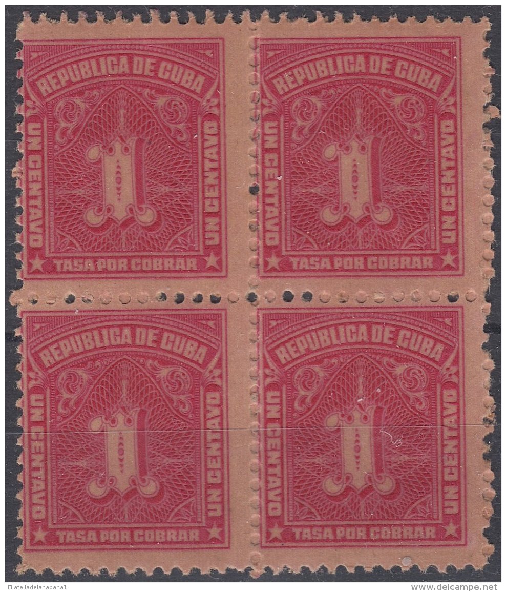 1927-50 CUBA REPUBLICA. 1927. Ed.8. 1c TASA POR COBRAR. POSTAGE DUE. BLOCK 4. GOMA ORIGINAL - Ongebruikt