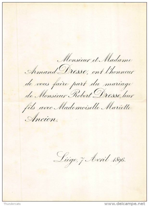 ARMAND DRESSE ROBERT MARIETTE ANCION LIEGE 1896 - Mariage