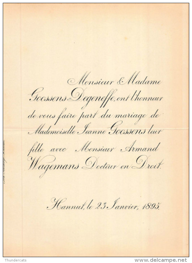 GOOSSENS DEGENEFFE JEANNE ARMAND WAGEMANS DOCTEUR EN DROIT HANNUT 1895 - Annunci Di Nozze