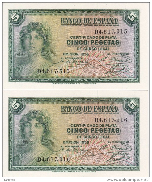 PAREJA CORRELATIVA DE 5 PTAS DEL AÑO 1935 SERIE D SIN CIRCULAR-PLANCHA-UNCIRCULATED - 5 Pesetas