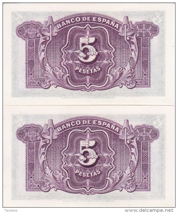 PAREJA CORRELATIVA DE 5 PTAS DEL AÑO 1935 SERIE D SIN CIRCULAR-PLANCHA-UNCIRCULATED - 5 Pesetas