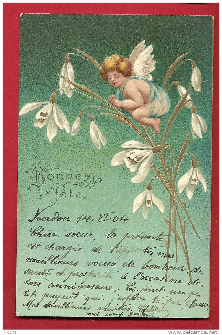 FJA-02  Bonne Fête, Ange Sur Bouquet De Fleurs. Relief, Gaufré, Précurseur. Cachet 1904 - Anges