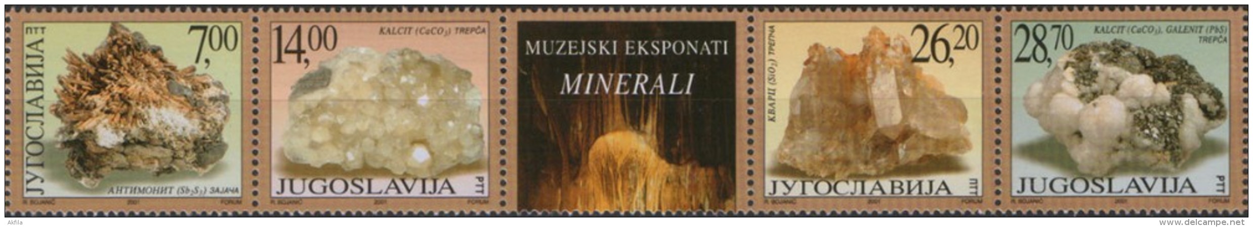 Yugoslavia 2001 Museum Exhibits - Minerals (Stibnite, Calcite, Rock Crystal And Galena), MNH (**) Michel 3047-3050 - Minerals