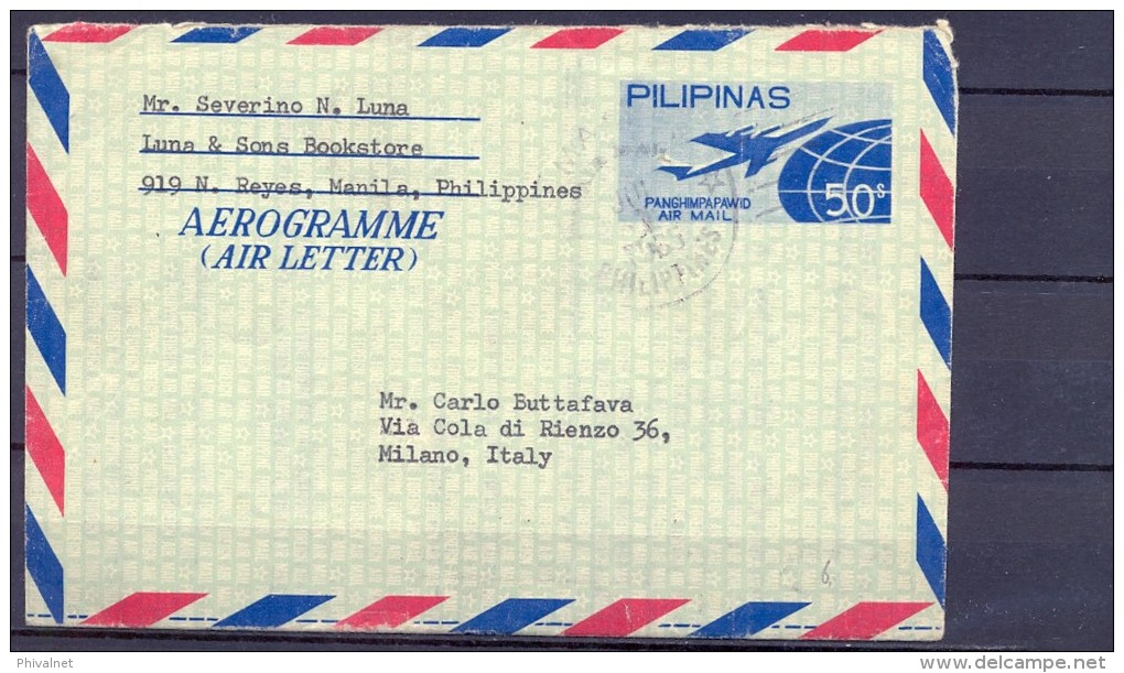 1965 , FILIPINAS , AEROGRAMA CIRCULADO ENTRE MANILA Y MILÁN - Filipinas