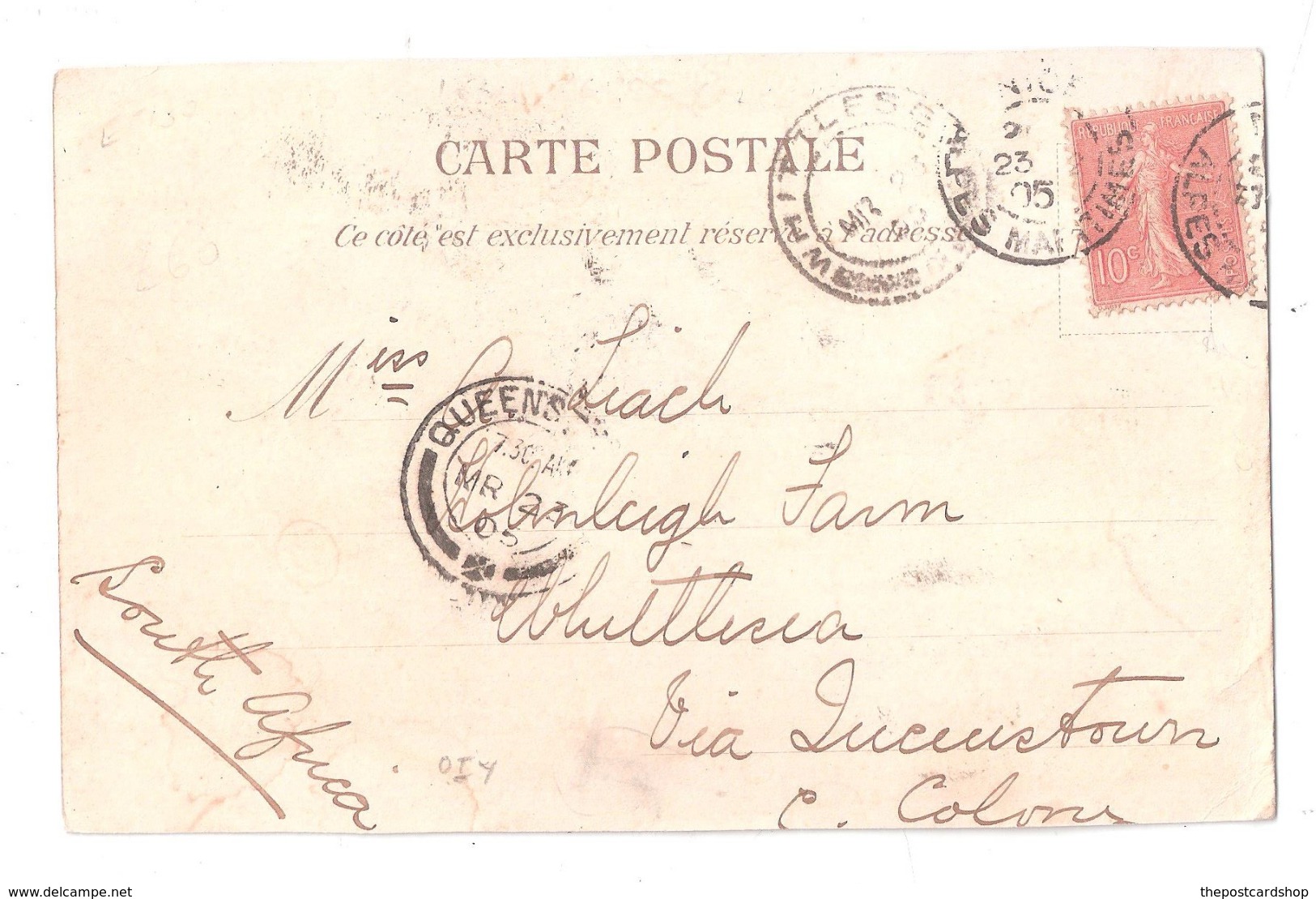 Nice FRANCE Le Grand Hôtel SENT TO Whittlesea VIA Queenstown CAPE COLONY SOUTH AFRICA POSTAL HISTORY INTEREST POSTMARKS - Afrique Du Sud