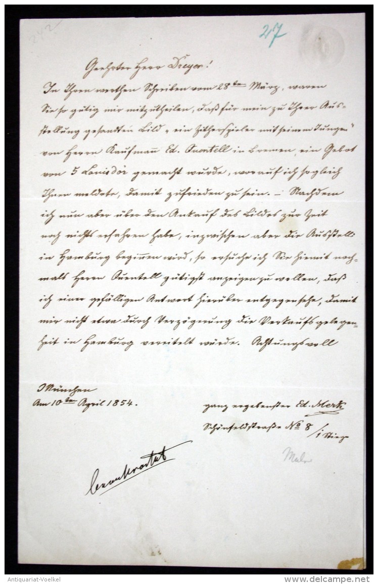 Handschriftlicher Brief Mit Unterschrift Vom 10. April 1854. / Autograph Letter With Signature. - Sonstige & Ohne Zuordnung