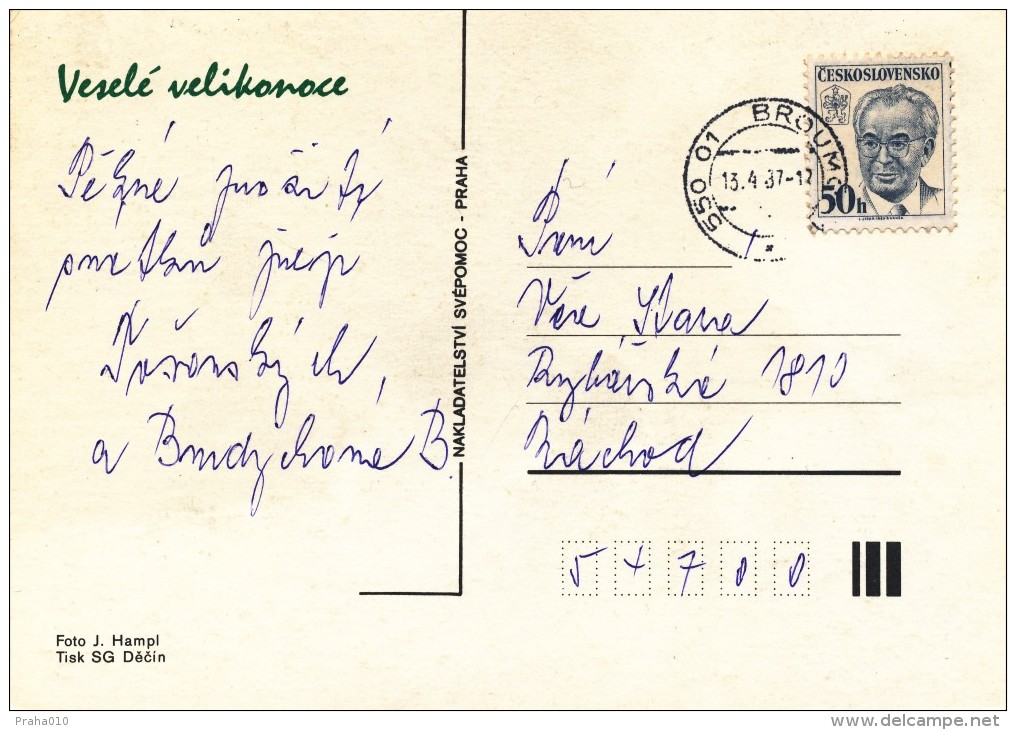 L0605 - Czechoslovakia (1987) 550 01 Broumov 1 (postcard) Tariff: 50 H (stamp: Gustav Husak - Shift Bright Colors) - Errors, Freaks & Oddities (EFO)