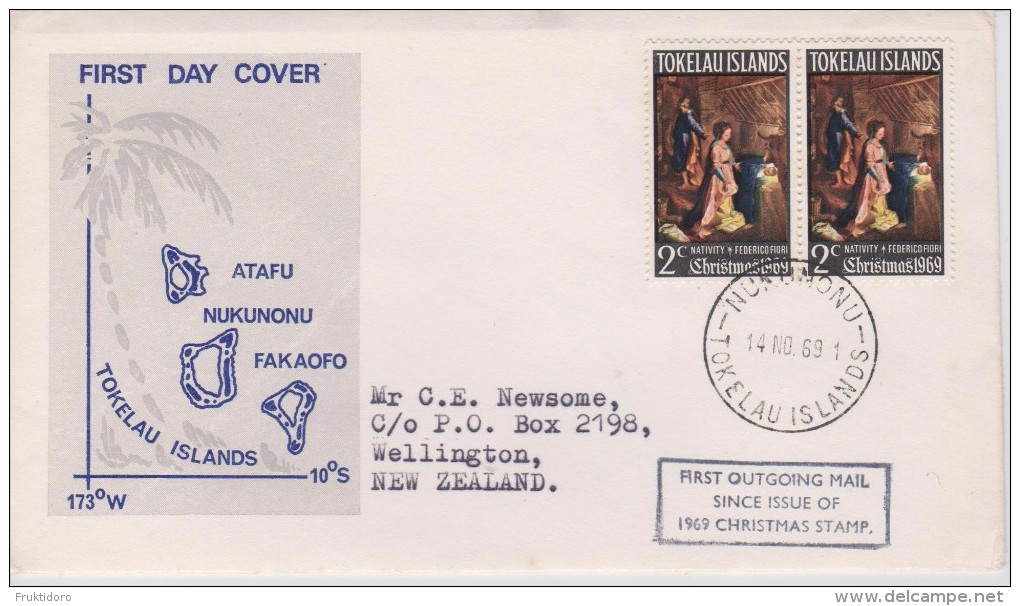 Tokelau FDC Mi 13 Christmas - Nativity By Federico Fiori- 1969 - Cancellation In Nukunonu - Tokelau