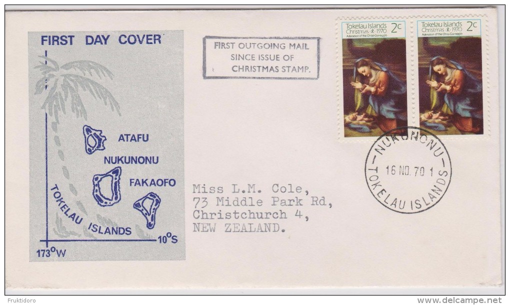 Tokelau FDC Mi 14 Christmas - Nativity By Correggio - 1970 - Cancellation In Nukunonu - Tokelau