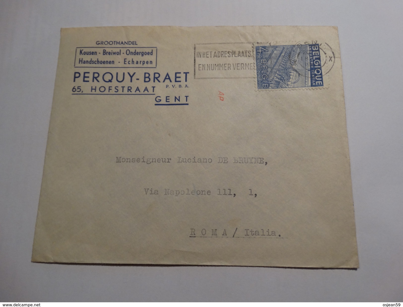 4 Fr Bleu,textile Sur Enveloppe PERQUY-BRAET à Gent Vers L'Italie - 1948 Export