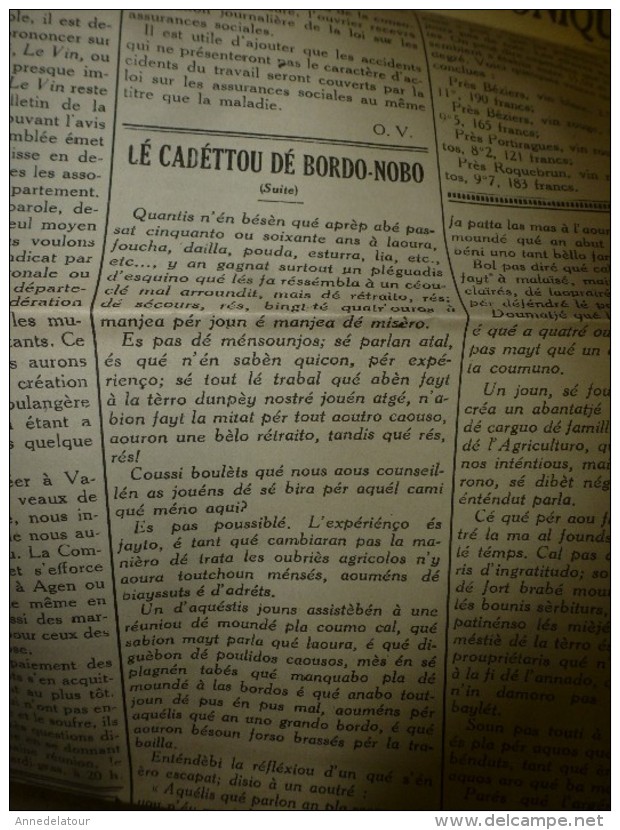 10 Janv 1931 Rare Journal Avec Partie De Texte En Occitan (langue D'Oc---> Le Blé, Le Vin (Lé Cadéttou Dé-bordo-nobo... - Autres & Non Classés
