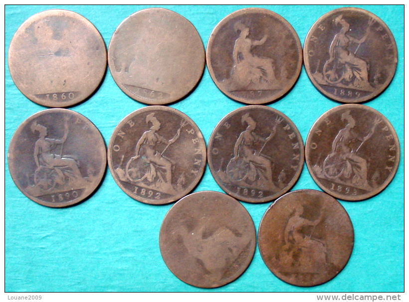 Royaume Uni - One Penny Victoria  1860 - 1862 - 1872 - 1889 - 1890 - 1892 - 1893 Lot 10 Pièces Monnaies - D. 1 Penny