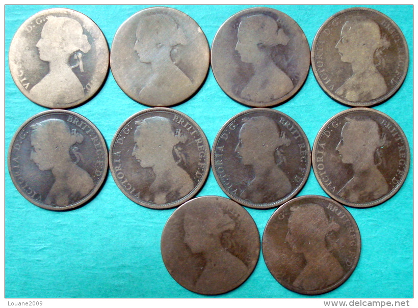 Royaume Uni - One Penny Victoria  1860 - 1862 - 1872 - 1889 - 1890 - 1892 - 1893 Lot 10 Pièces Monnaies - D. 1 Penny