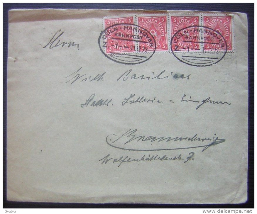 1922 Deutsches Reich Cöln Hannover Bahnpost - Briefe U. Dokumente