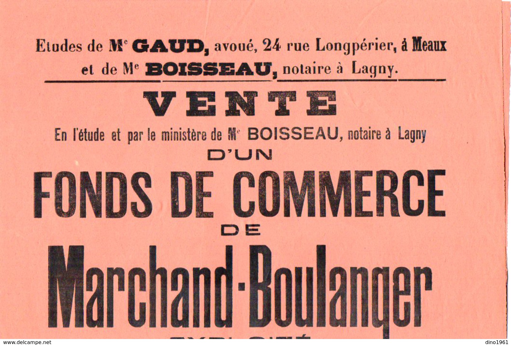 VP6263 - LAGNY - Affiche 28 X 37 - Vente D'un Fonds De Commerce De Marchand - Boulanger à MONTEVRAIN - Manifesti