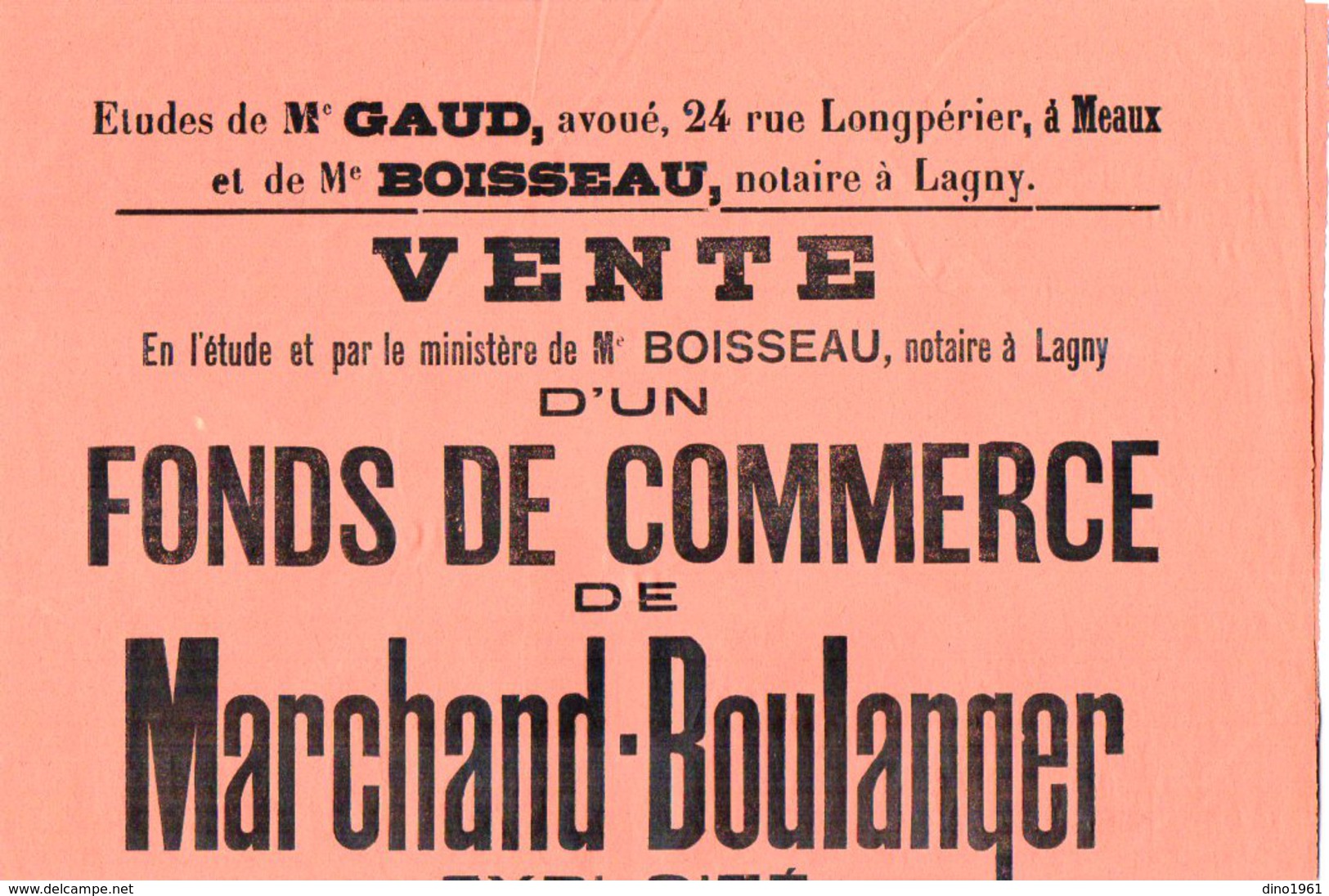 VP6263 - LAGNY - Affiche 28 X 37 - Vente D'un Fonds De Commerce De Marchand - Boulanger à MONTEVRAIN - Afiches