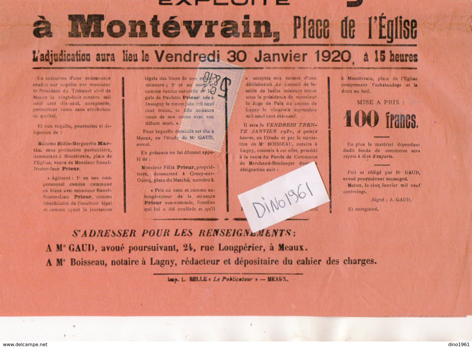 VP6263 - LAGNY - Affiche 28 X 37 - Vente D'un Fonds De Commerce De Marchand - Boulanger à MONTEVRAIN - Manifesti