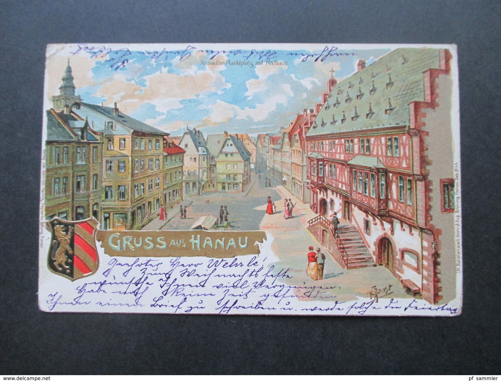 AK / Künstlerkarte 1899 Gruss Aus Hanau Mit Wappen Nach Devonport England. Krone Adler Senkr. Paar - Saluti Da.../ Gruss Aus...