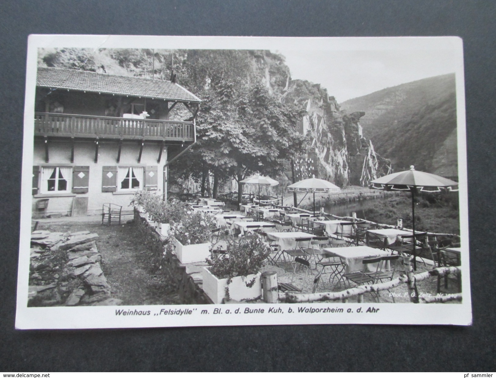 AK Echtfoto Weinhaus Felsidylle M. Blick Auf Die Bunte Kuh Bei Walporzheim A.d. Ahr. Frankreich Nachportomarken!! - Hotels & Gaststätten