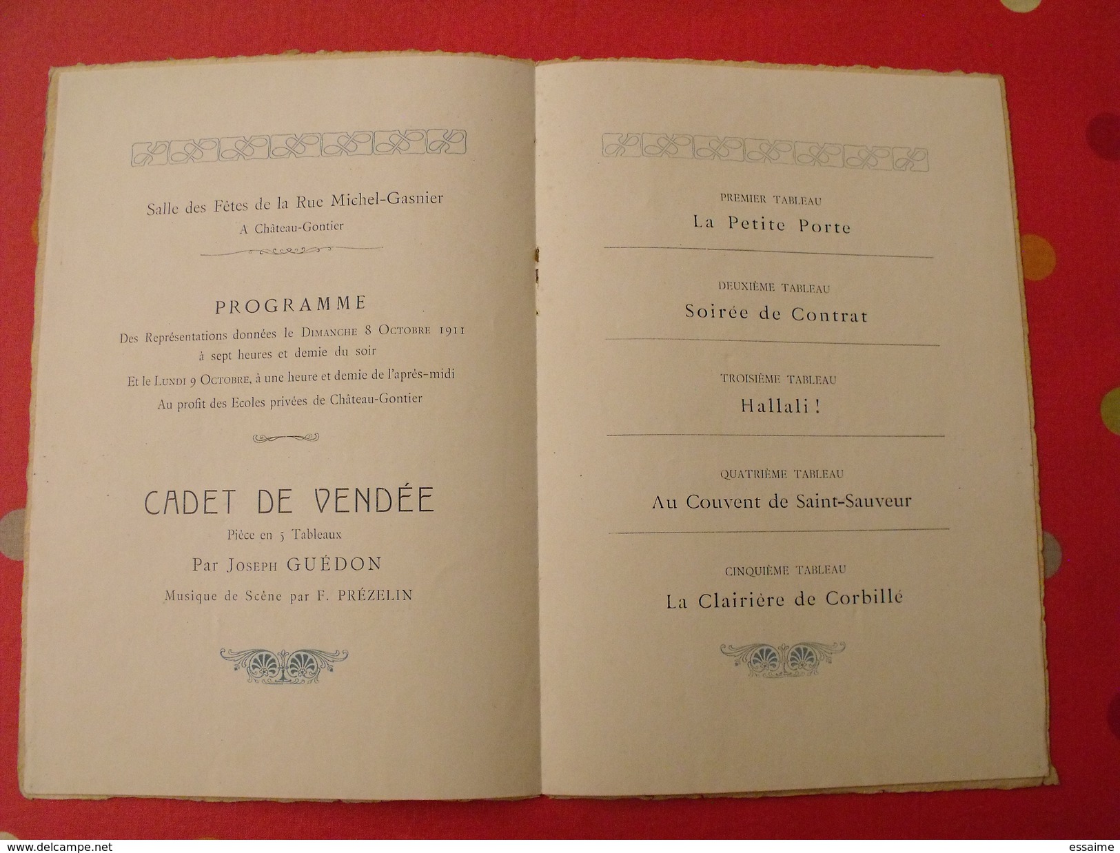 Brochure Théâtre Cadet De Vendée Par Joseph Guédon. Musique De F. Prézelin. 8 Et 9 Octobre 1911 Chateau Gontier - Autores Franceses