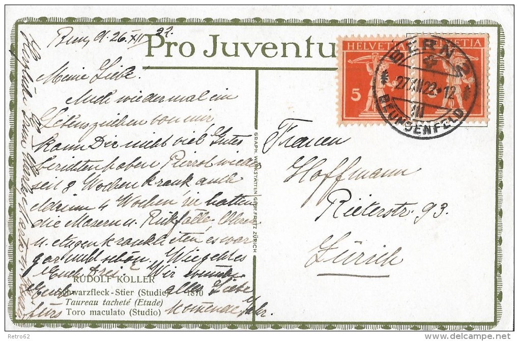 PRO JUVENTUTE-KARTE  &#8594; Schwarzfleck-Stier &#9658;SBK152 Mal 2 Stempel Bern2 27.12.1922&#9668; - Lettres & Documents