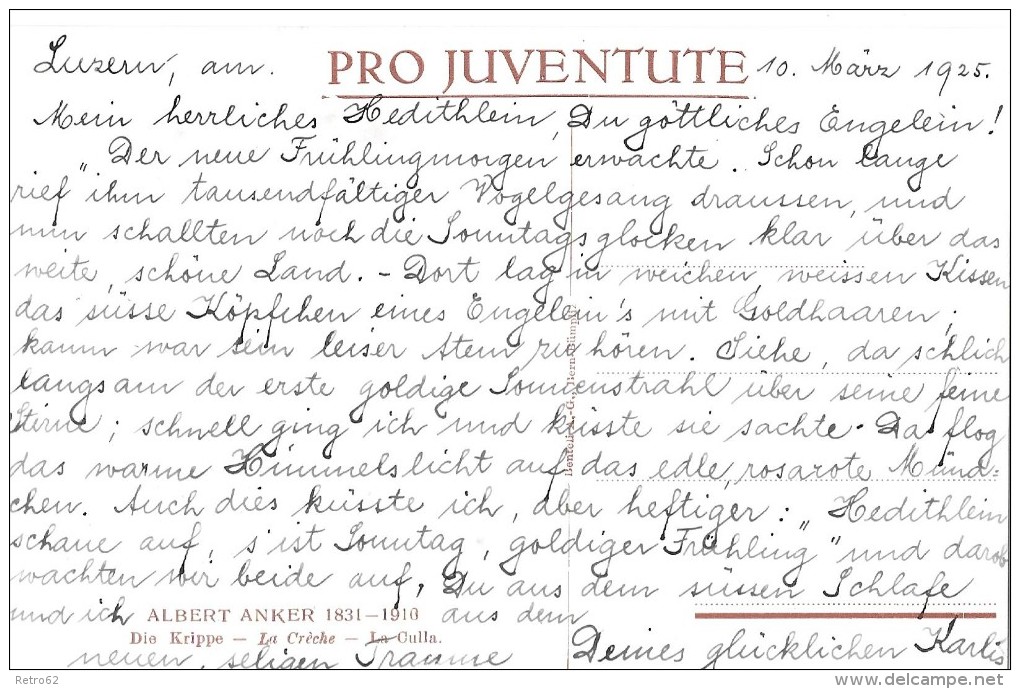 PRO JUVENTUTE-KARTE  &#8594; Die Krippe  &#9658;10.März 1925&#9668; - Lettres & Documents