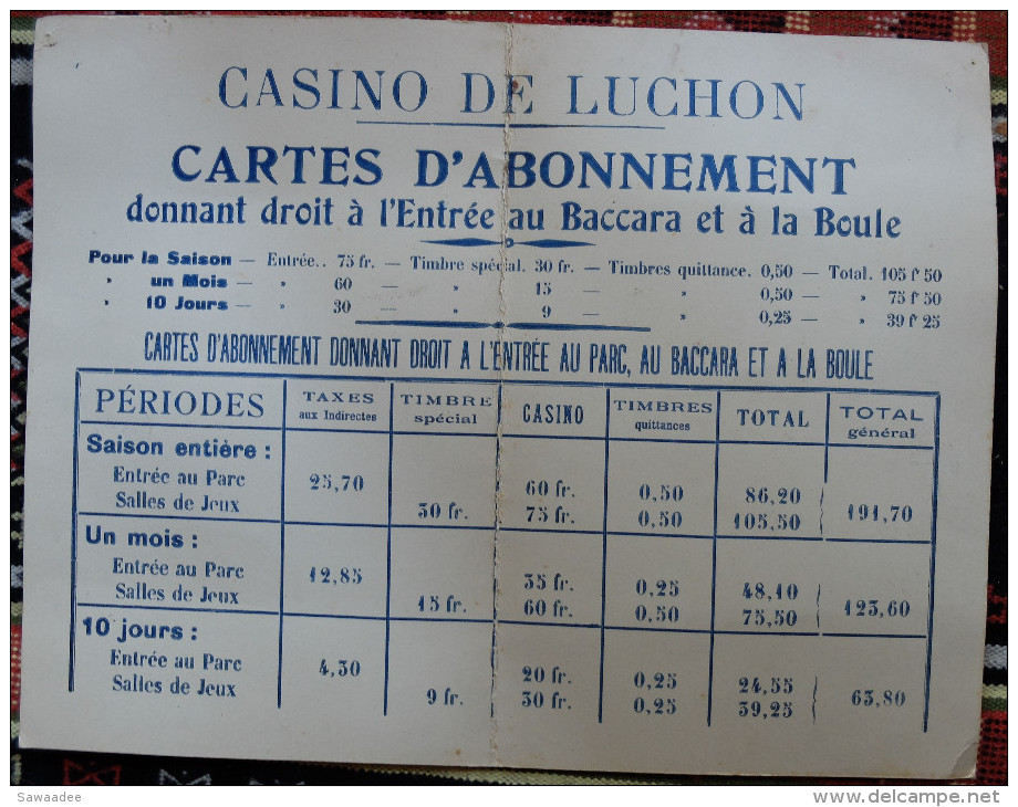 PANNEAU - CASINO DE LUCHON - CARTES D'ABONNEMENT - BACCARA ET BOULE - TARIFICATION - CARTONNEE - ANNEE 50/60? - Other & Unclassified
