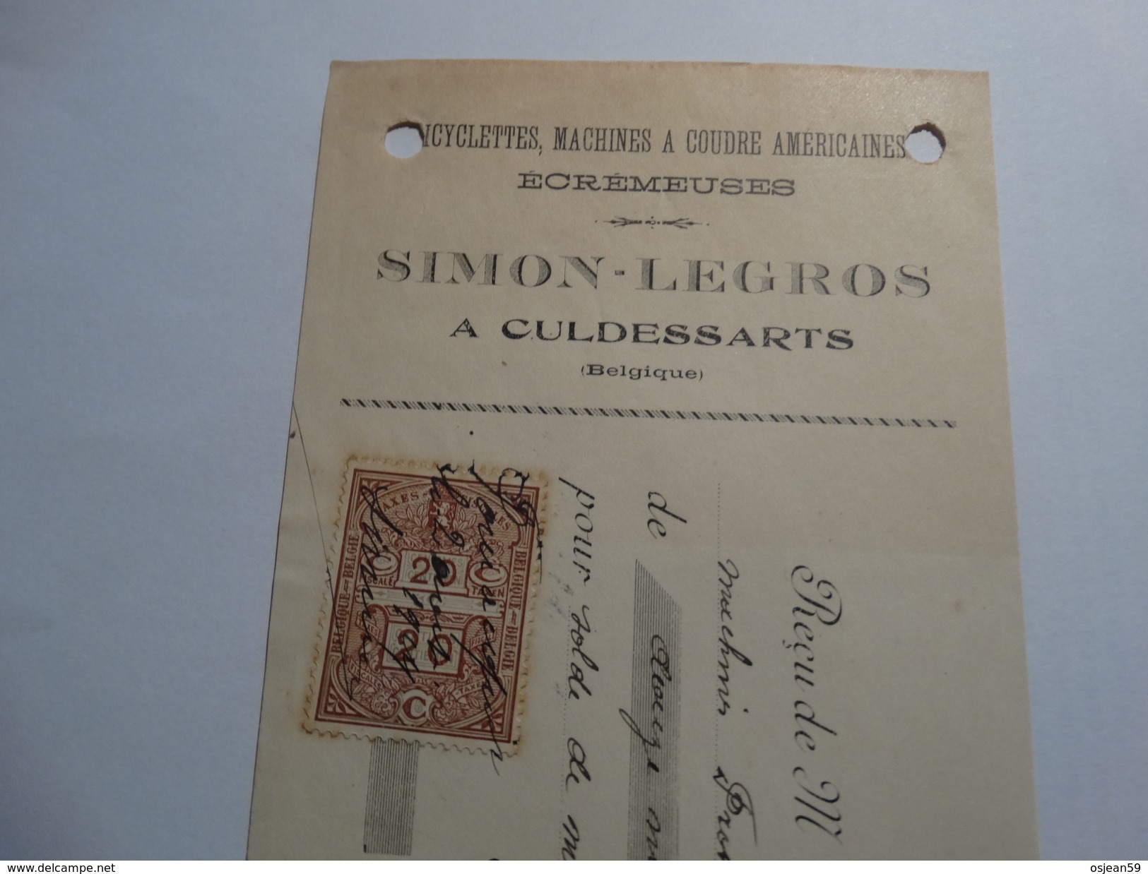 Timbre Fiscal Sur Reçu (SIMON LEGROS à CUL-DES-SARTS)Bicyclettes,machines à Coudre Américaines,écrémeuses.-1924- - Documentos