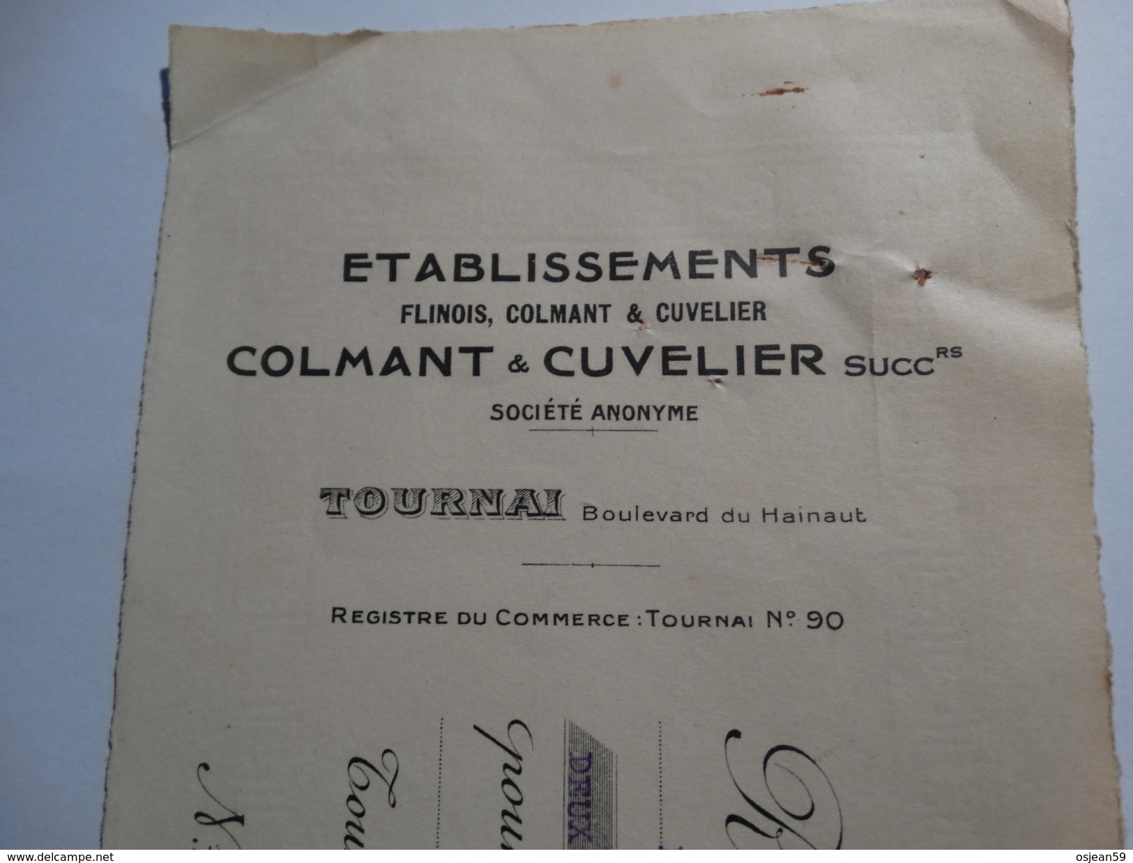 Timbres Fiscaux Sur Reçu.(Etablissement Colmant Et Cuvelier) à Tournai .-1929- - Documents