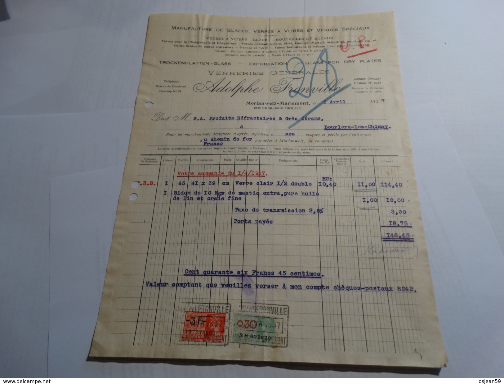 Timbres Fiscaux Sur Facture.Manufactures De Glaces Et Verres Spéciaux.Adolphe Fronville à Morlanwelz-Mariemont.-1937- - Documents