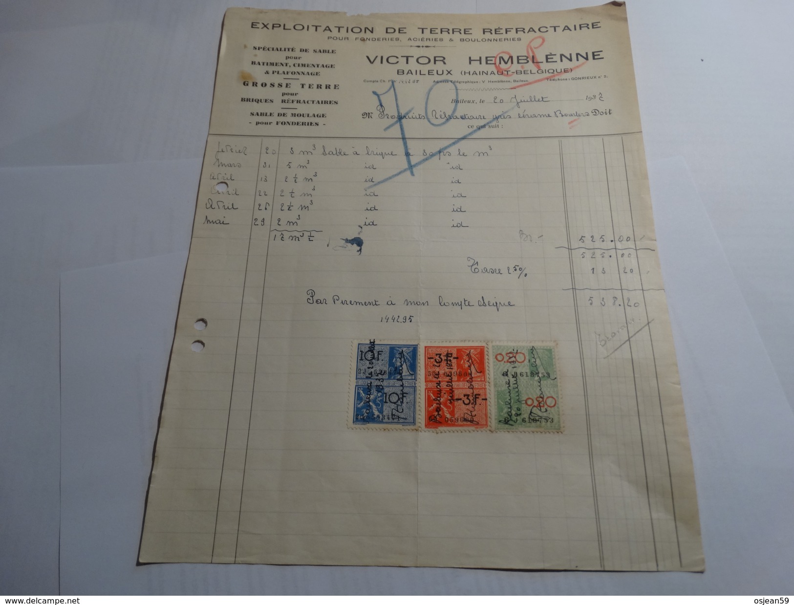 Timbres Fiscaux Sur Facture.Exploitation De Terre Réfractaire VICTOR HEMBL7NNE à Baileux(Chimay).-1937- - Documents