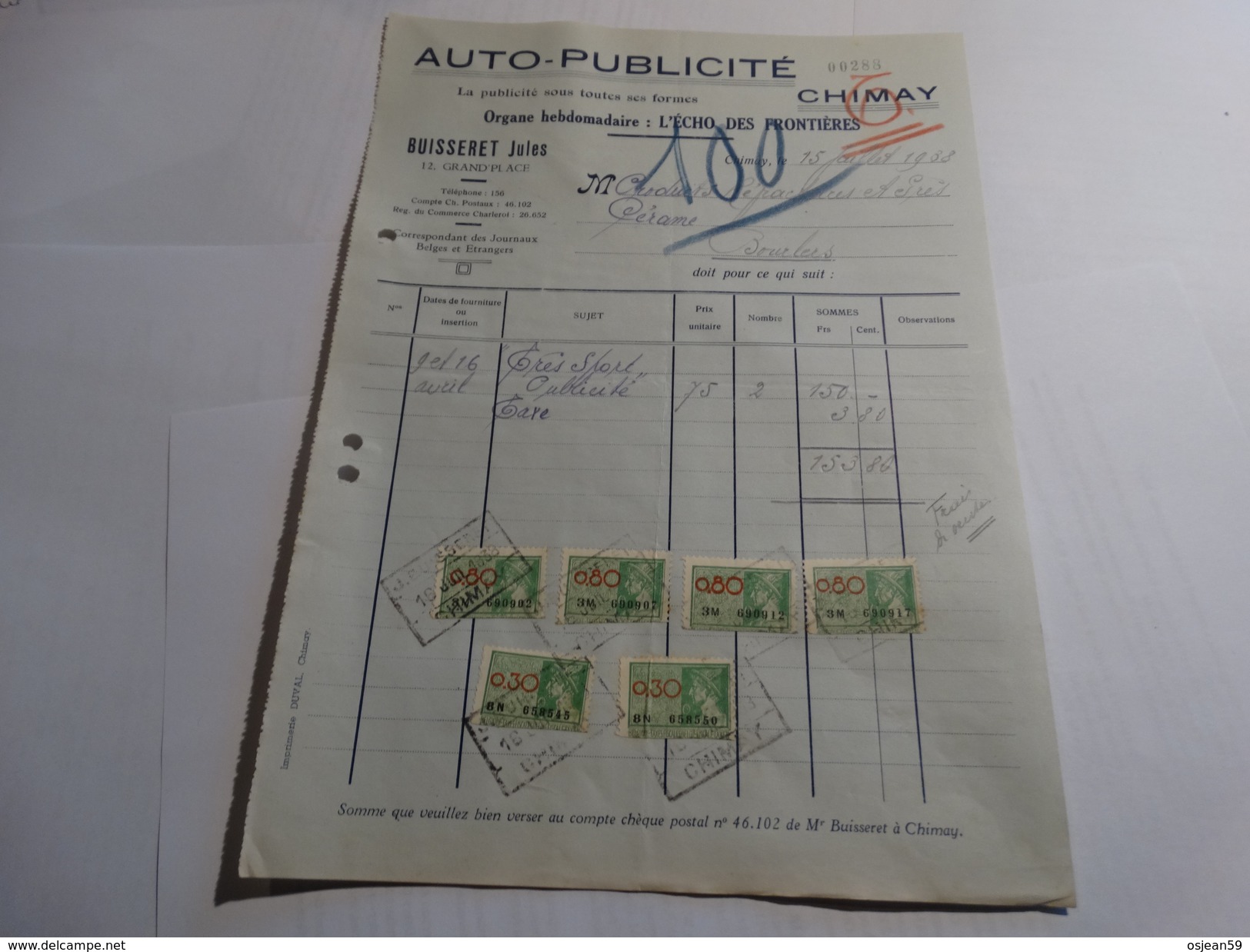 Timbres Fiscaux Sur Facture.AUTO-PUBLICITE - CHIMAY,Buisseret Jules.-1938- - Documentos