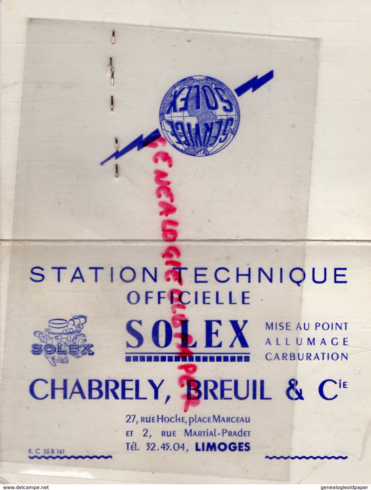 87 - LIMOGES - CARTE STATION TECHNIQUE SOLEX- CHABRELY BREUIL-27 RUE HOCHE PLACE MARCEAU -VOITURE ARONDE 1964 - Cars