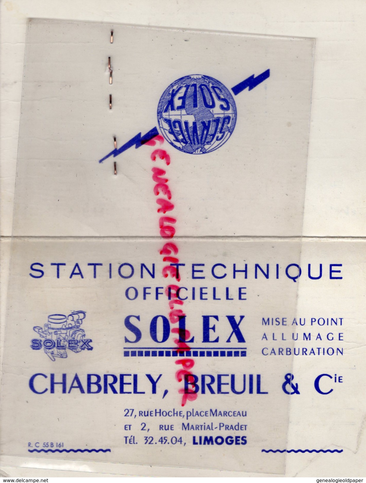 87 - LIMOGES - CARTE STATION TECHNIQUE SOLEX- CHABRELY BREUIL-27 RUE HOCHE PLACE MARCEAU -VOITURE ARONDE 1964 - Automobil