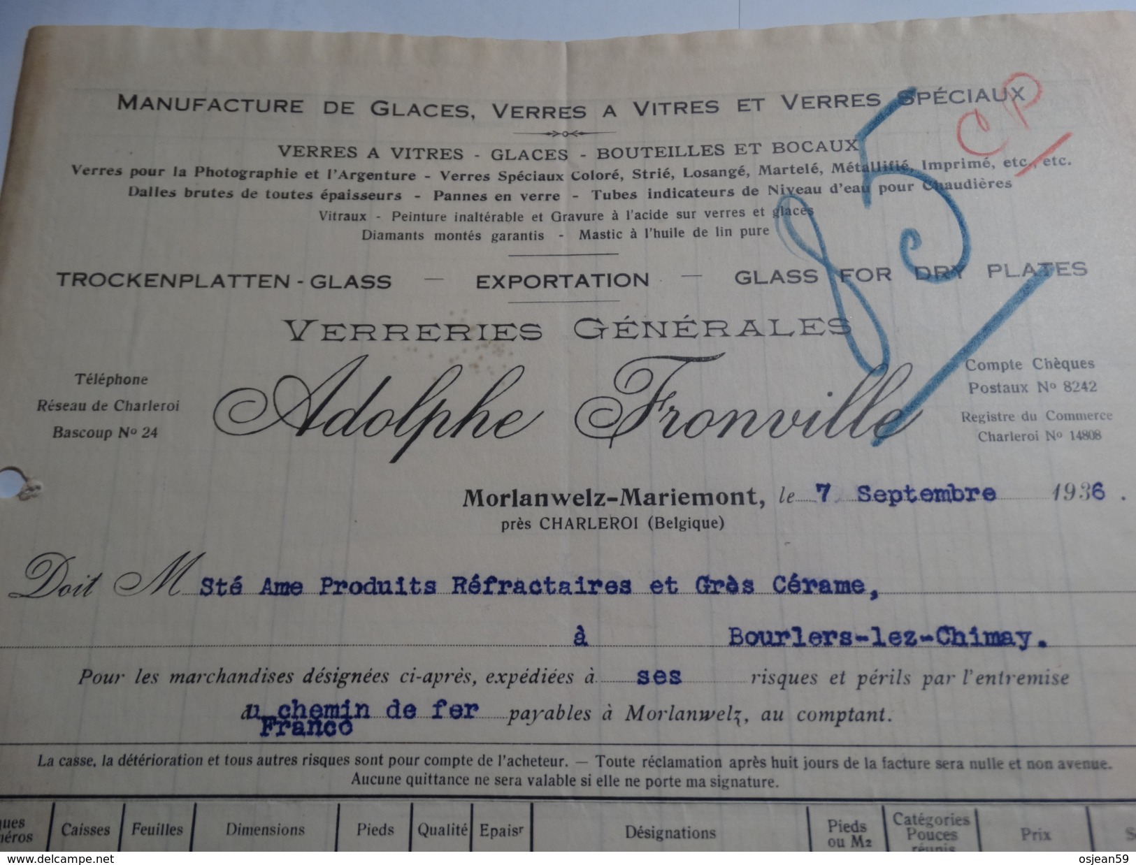 Timbres Fiscaux Sur Facture.Manufactures De Glaces Et Verres Spéciaux.Adolphe Fronville à Morlanwelz-Mariemont.-1936- - Documenten