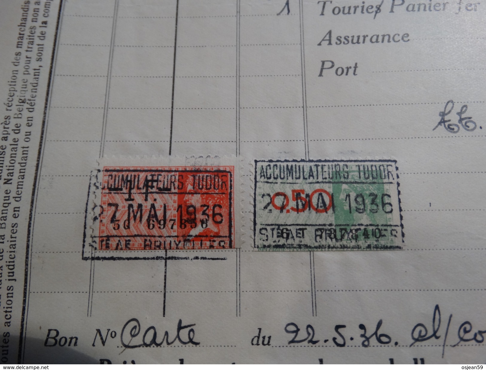 Timbres Fiscaux Sur Facture.Accumulateurs TUDOR à Bruxelles.-1936- - Documents